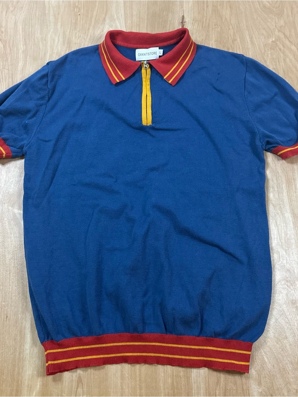OXKNITSTORE Mens Blue Solid Short Sleeve 1/4 Zip Collared Polo Shirt Size Large